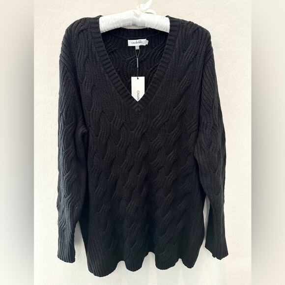 CALVIN KLEIN | Plus Size Black Cable Knit Sweater V-Neck Pullover NWT | 1X - Picture 2 of 8